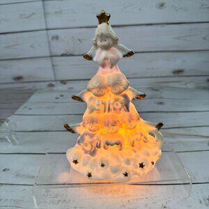 Vintage Light Up Angel Christmas Tree Figurine • Ceramic Gold Accents • Plug-In